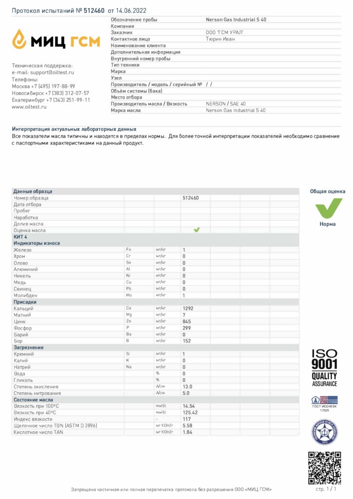 Протокол испытаний Nerson Gas Industrial S40