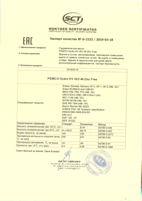 Масло гидравлическое Pemco Hydro HV Zinc Free HVLP 46 (20 л.)