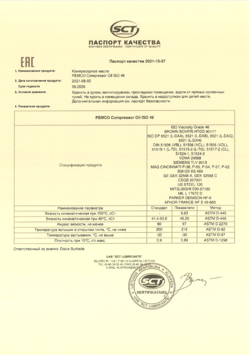 Масло компрессорное Pemco Compressor Oil ISO VDL 46 (20 л.)