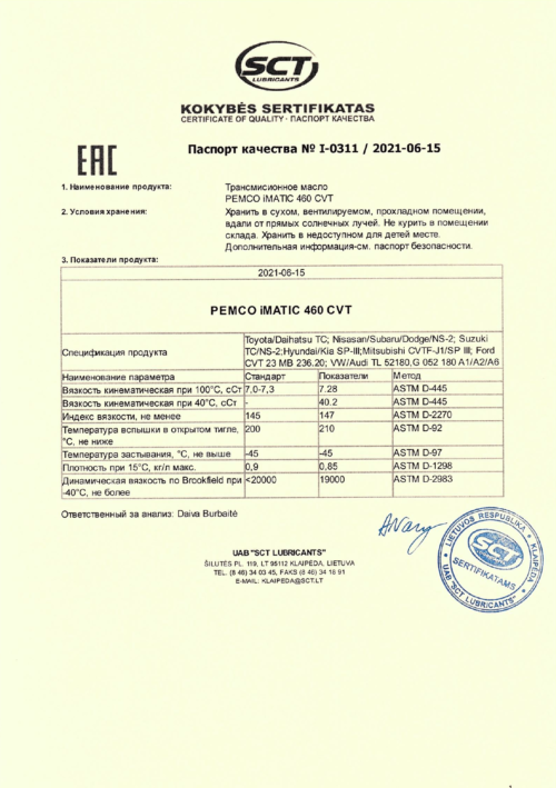 Масло трансмиссионное Pemco 460 CVT Fluid (208 л.)