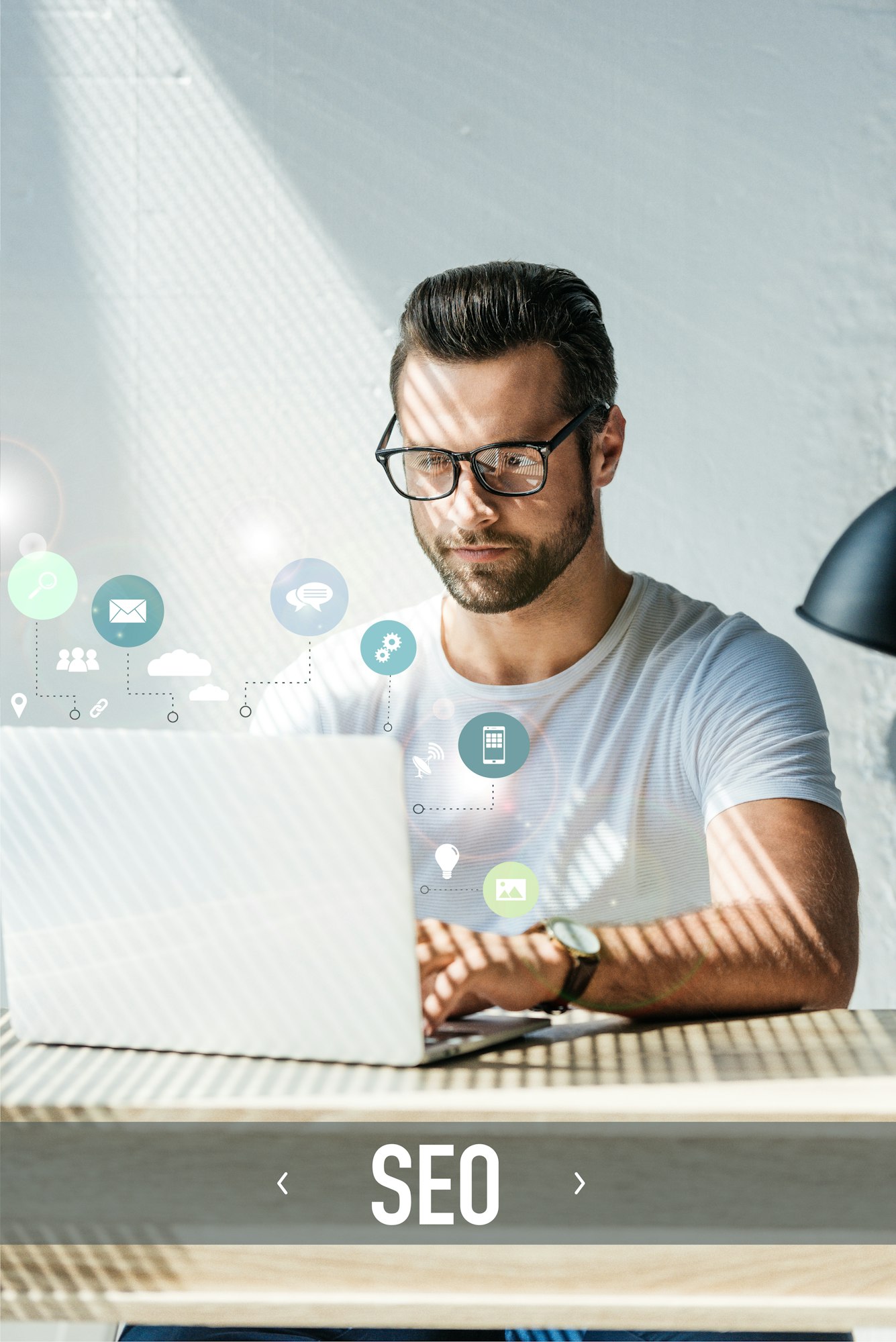 bearded developer working with laptop with SEO icons bearded developer working with laptop with SEO icons