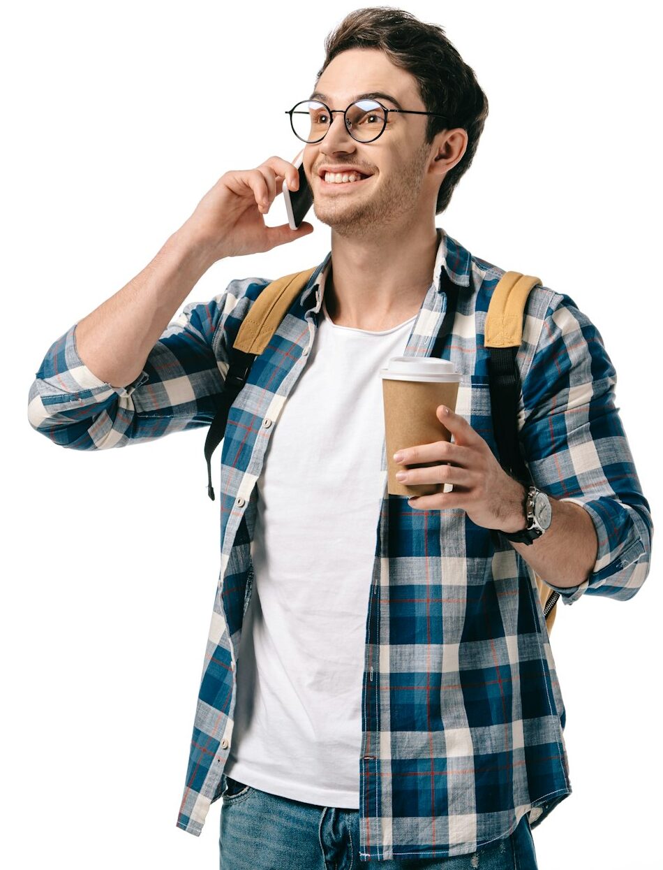 smiling handsome student talking by smartphone isolated on white smiling handsome student talking by smartphone isolated on white